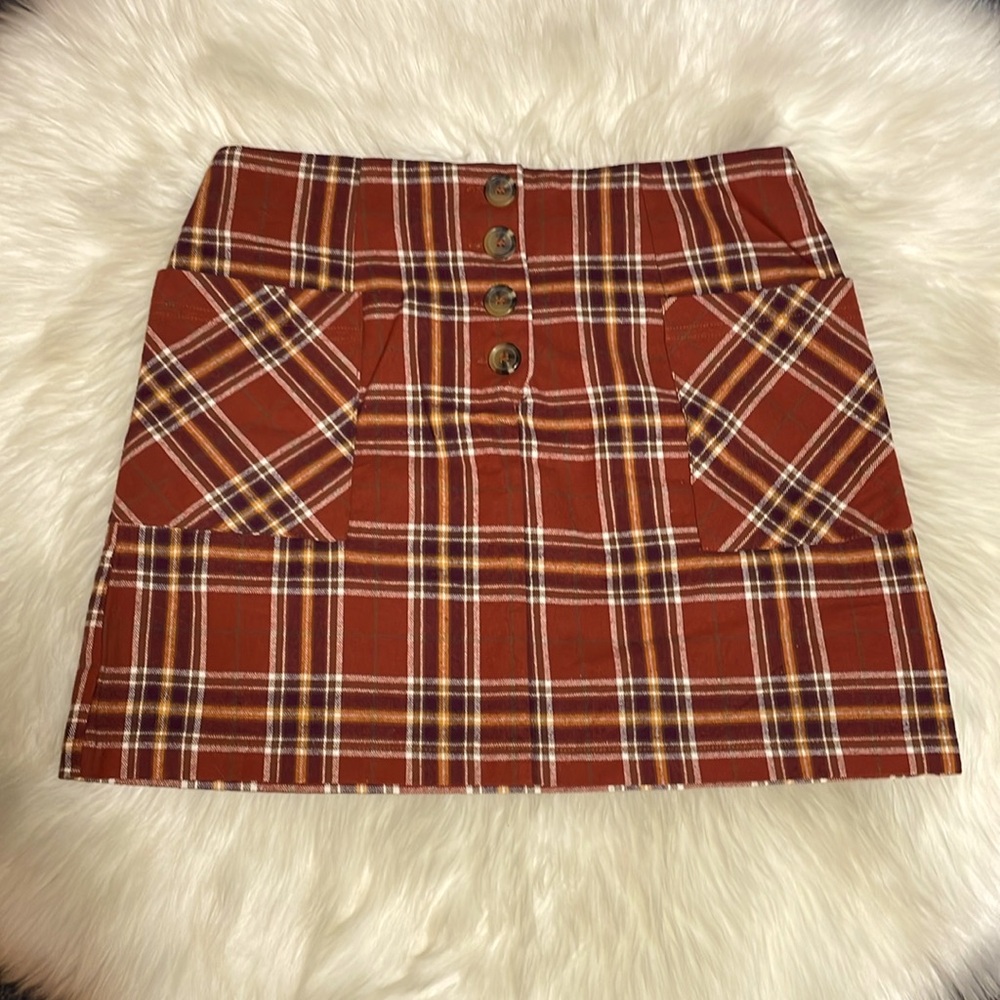 #0082 NWT Pink Lily Autumn Tone Plaid Flannel Mini w/ Patch Pockets-XL